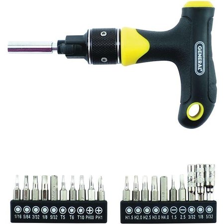 GENERAL TOOLS Ratcheting Screwdriver with THandle, MultiBit Drive, 512 in OAL, ComfortGrip Handle 70211